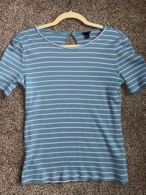 Ann Taylor Teal and Light Pink Striped Ribbed Short Sleeve Top